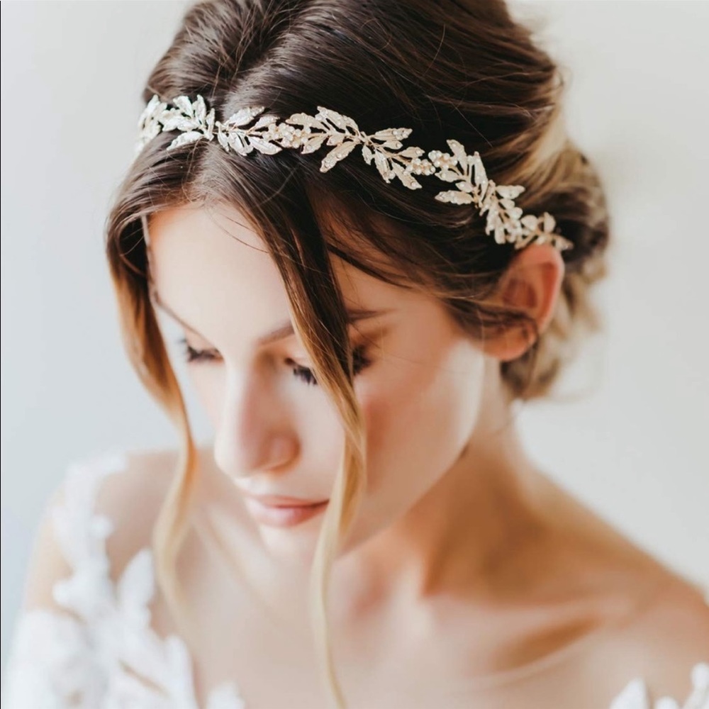 Bridal Headpiece leaf gold rhinestone hair band bride wedding bridesmaid leaves - Picture 4 of 8